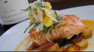 Grilled Paprika Salmon with Fingerling Potatoes, Chorizo Sauce, and Fennel Citrus Salad