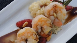Grilled Rosemary Skewer Shrimp with Couscous and Balsamic Reduction