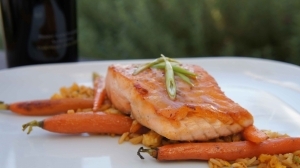 White Miso Glazed Salmon with Fried Rice, Baby Carrots, and a Scallion Sauce