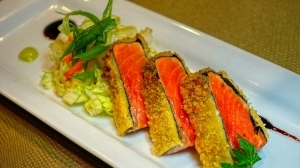 Salmon Katsu with Cabbage Salad and Wasabi Aioli 