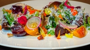 Roasted Beets with Toasted Almonds, Arugula, Goat Cheese, and a Lemon Honey Vinaigrette		