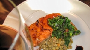 Pan Seared  & Roasted Salmon with Lentils and Simple Red Wine Reduction