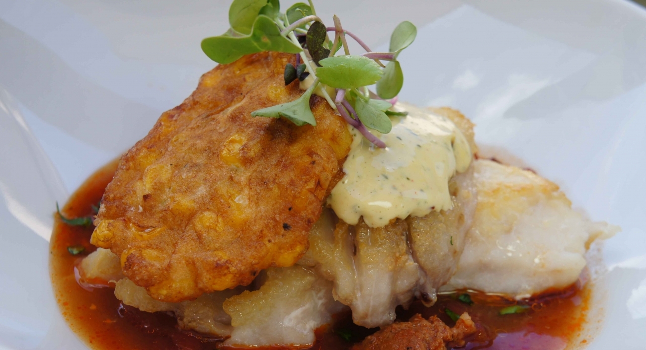 SpanishStyle Rockfish with Corn Fritter