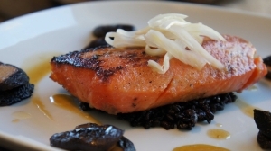 Miso Marinated King Salmon Forbidden Rice and Mushroom