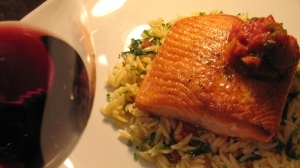 Alaskan King Salmon with Orzo Pasta and Puttanesca Sauce