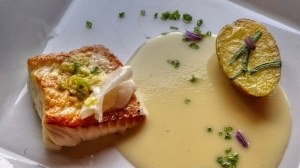 Seared Alaska Halibut with Spring Garlic, Pickled Turnips & Potato-Leek Sauce