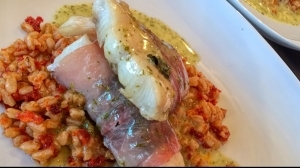 Prosciutto-Wrapped Halibut with Spanish Rice & Herb Butter Sauce